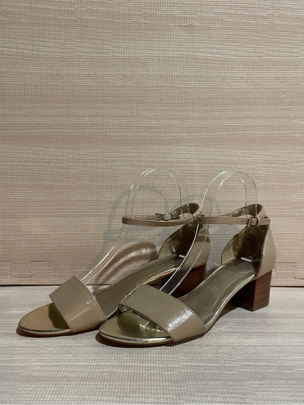 Patent Low Block Heel Sandals in Taupe